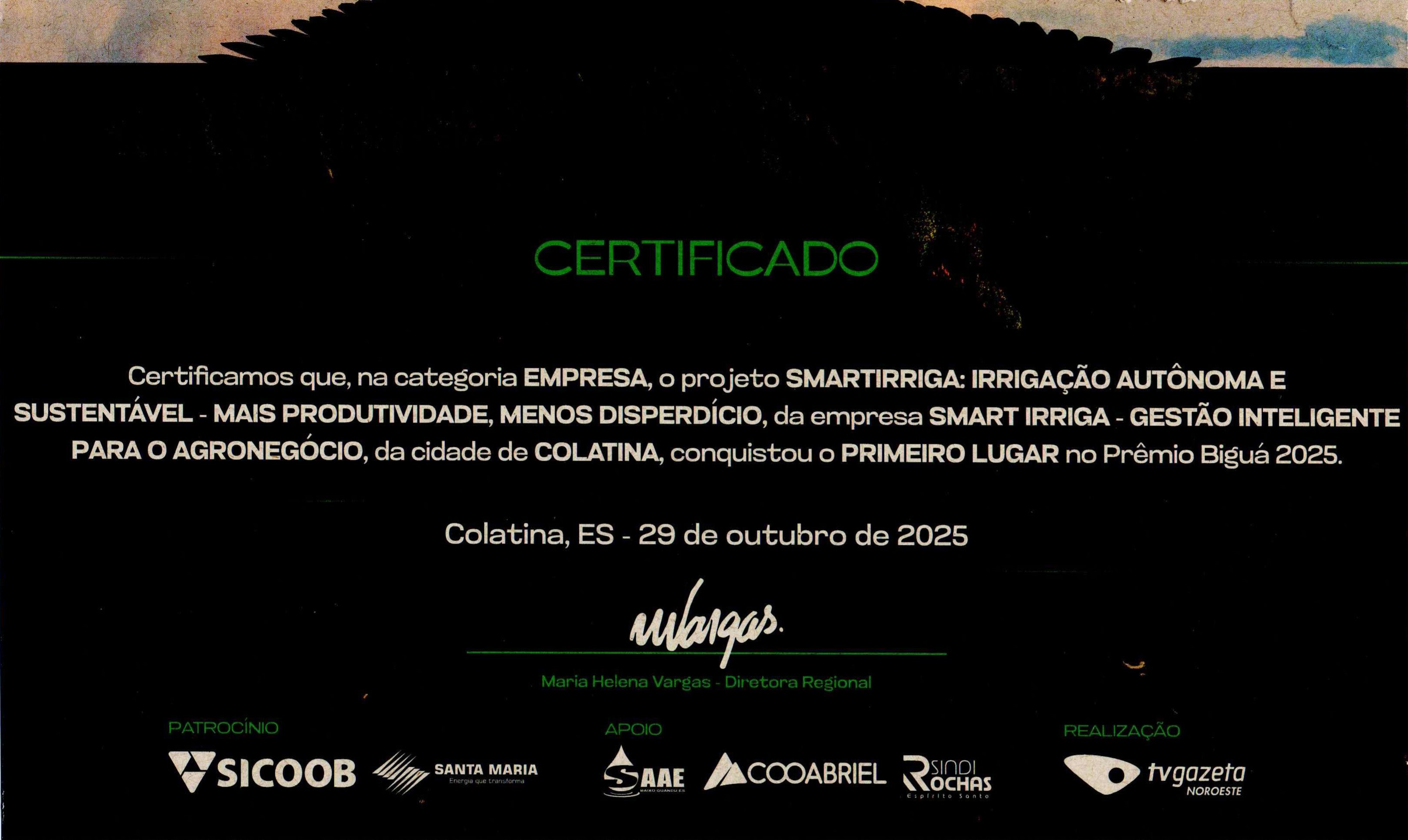 Certificado da premiação Bigua